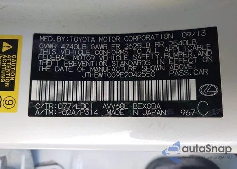 2014 Lexus Es 300H from USA, damaged, VIN JTHBW1GG9E2042550